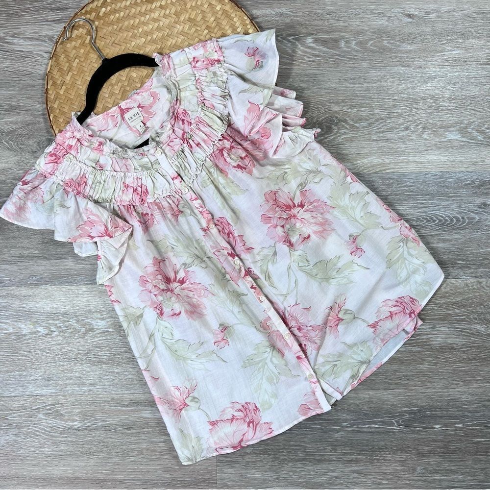 Rebecca Taylor floral flutter sleeve button‎ down blouse